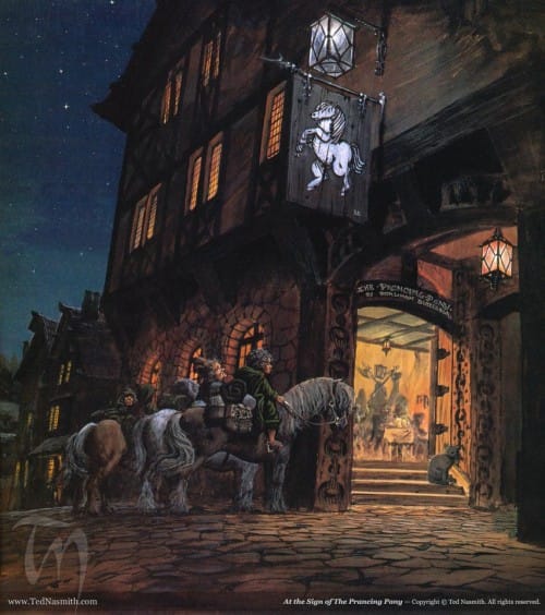 Ilustrações de Ted Nasmith – A Sociedade do Anel TN At the Sign of the Prancing Pony