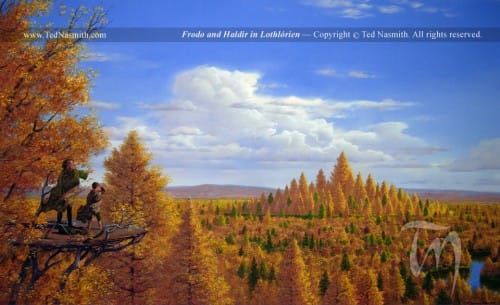 Ilustrações de Ted Nasmith – A Sociedade do Anel TN Frodo and Haldir in Lothlorien