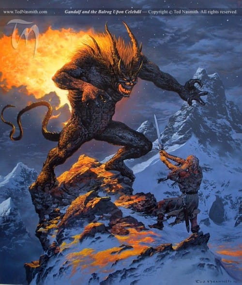 Ilustrações de Ted Nasmith – As duas Torres TN Gandalf and the Balrog Upon Celebdil