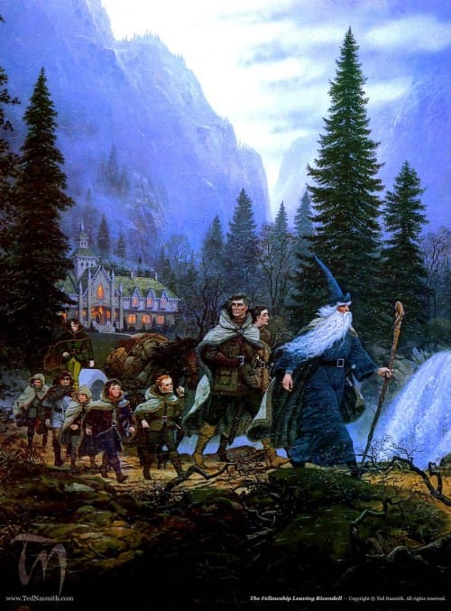 Ilustrações de Ted Nasmith – A Sociedade do Anel TN The Fellowship Leaving Rivendell